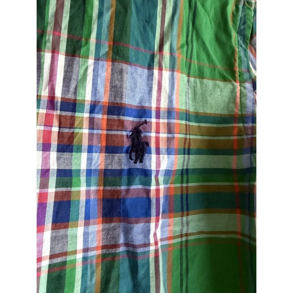Ralph Lauren Boys Large 14/16 Green Madras Plaid Button Down Shirt Sleeve Preppy